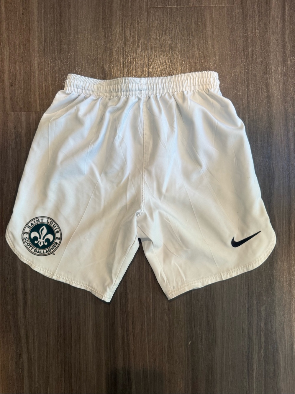 Nike White Youth Athletic Shorts with Saint Louis Scott Gallagher Crest